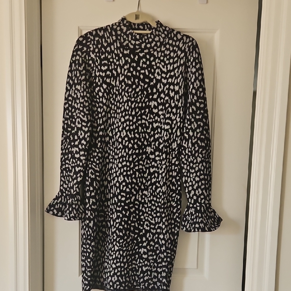 Michael Kors Black and White Sheath Dress with Bell Sleeves